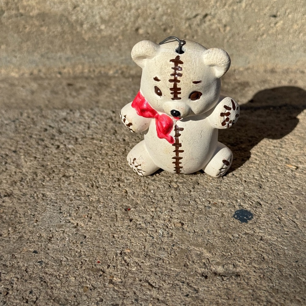 Holiday Teddy Bear Ornament with Red Bow Hand-painted 2.5”